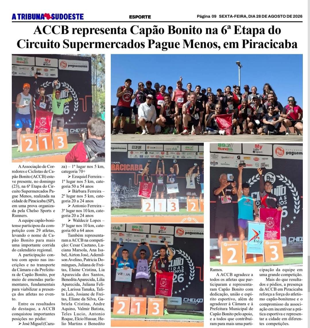 Matéria do jornal A Tribuna Sudoeste sobre a participação da ACCB em Piracicaba com 5 pódios