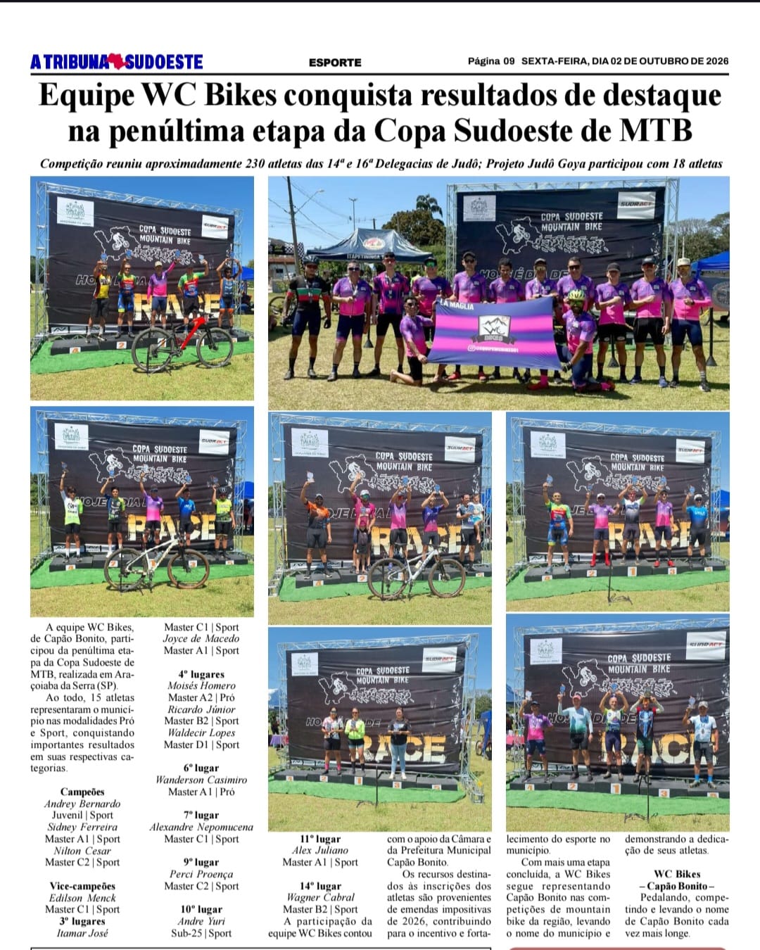 Página do jornal A Tribuna Sudoeste com a equipe e os pódios da Copa Sudoeste Mountain Bike