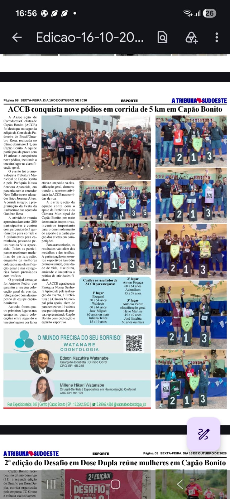 Matéria do jornal A Tribuna Sudoeste sobre a corrida de 5 km em Capão Bonito com a equipe da ACCB no pódio
