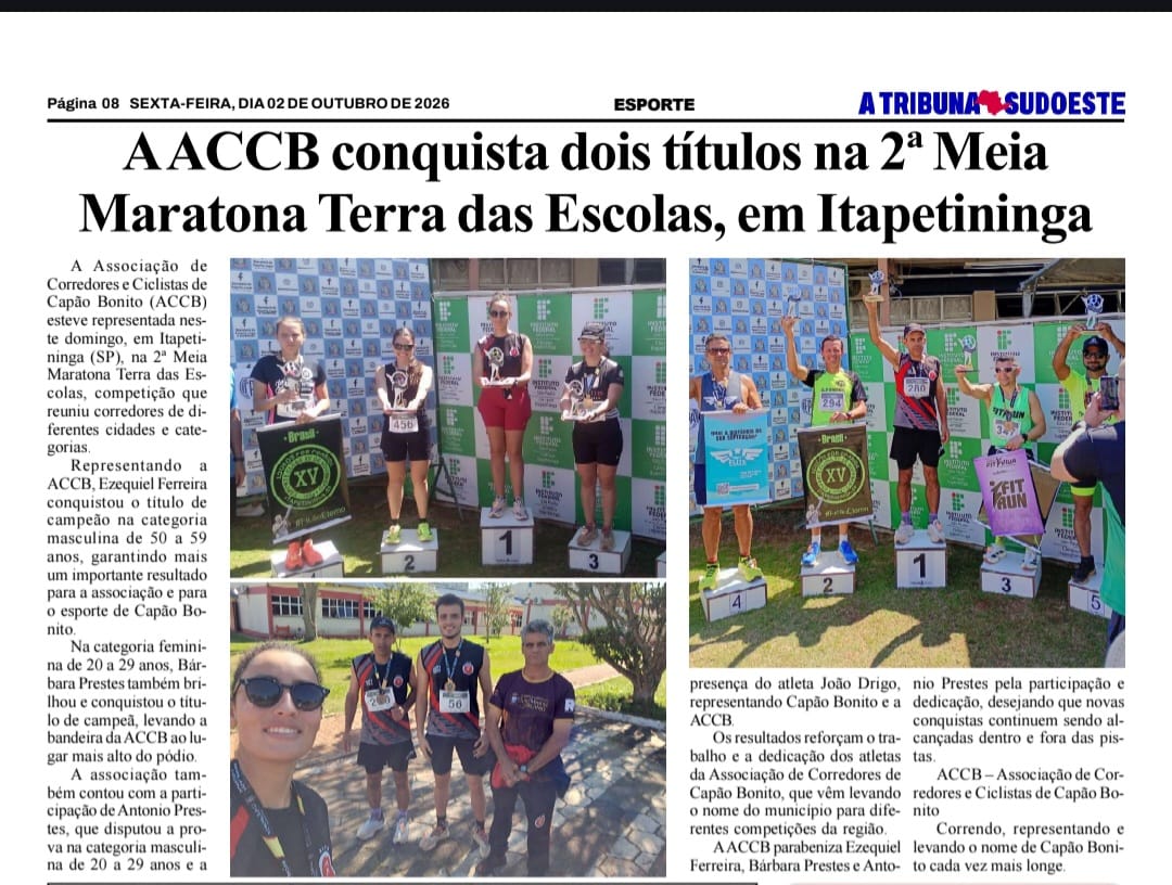 Página do jornal A Tribuna Sudoeste com pódios feminino e masculino da corrida de Itapetininga